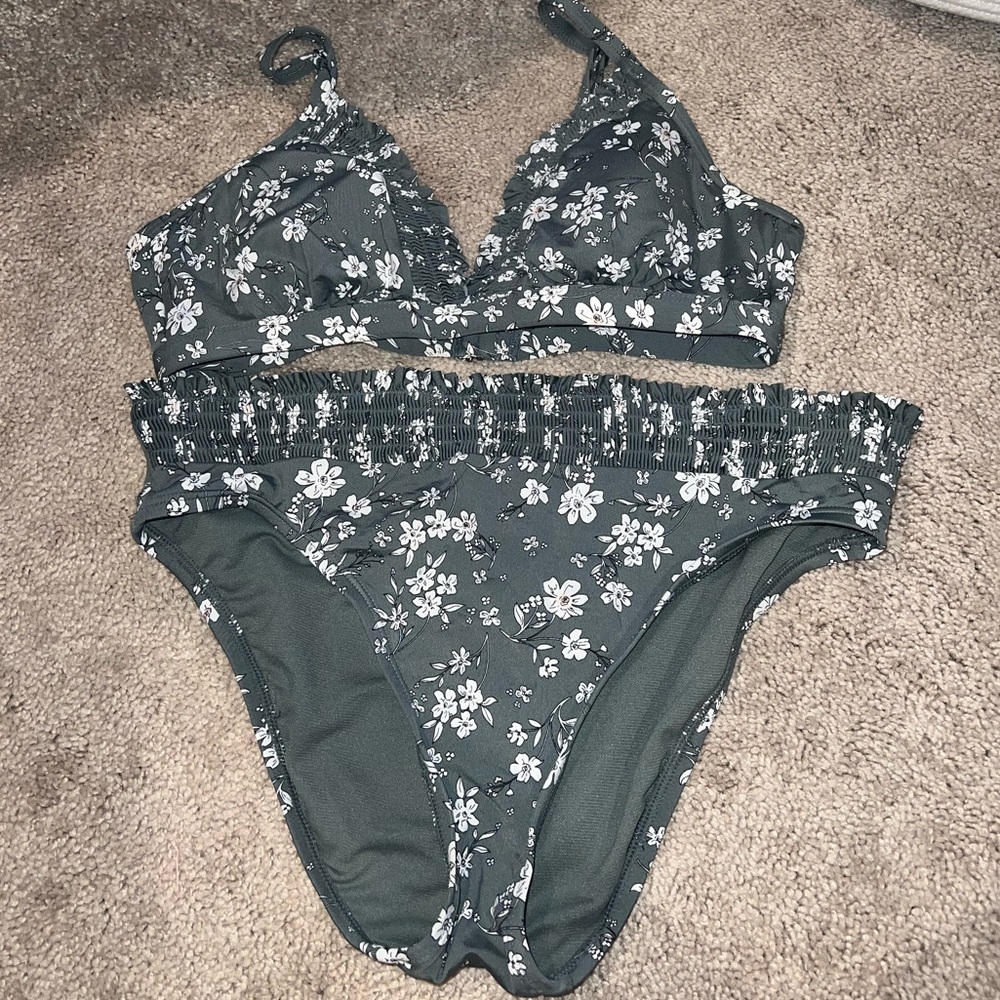Olive green floral bikini with ruffles